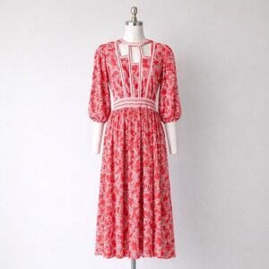 Vintage Diane Freis Georgette Midi Dress Puff Sleeve Smocked Waist